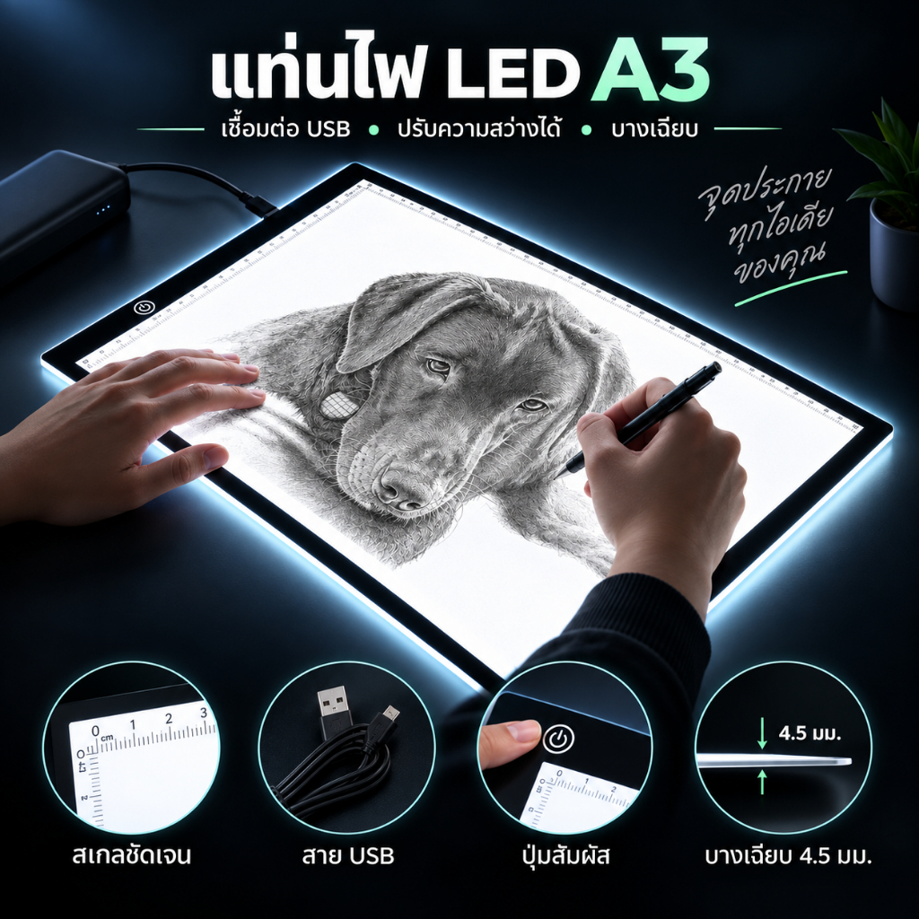 แผ่นไฟ LED Tracing Board A3 A4 A5 กล่องไฟหรี่แสงได้ USB Stepless / ความสว่าง 3 ระดับสําหรับการวาดภาพภาพเคลื่อนไหวร่าง