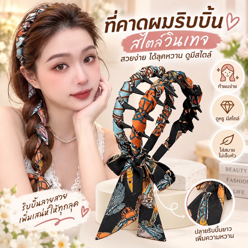 Ribbonb , Vintage Wave พร้อมริบบิ้นลายดอกไม้ &b - ที่คาดผมประดับมงกุฎสูงแบบพลิกกลับได้