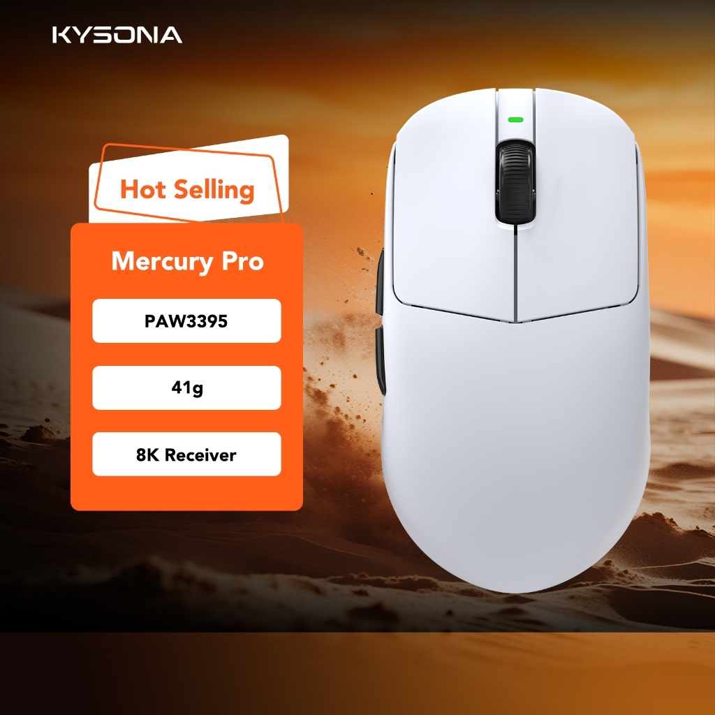 KYSONA Mercury Ultra 41g Superlight Gaming Mouse PAW3950 30000 DPI Dual 8K ไร้สาย Tri-Mode BT 2.4G E