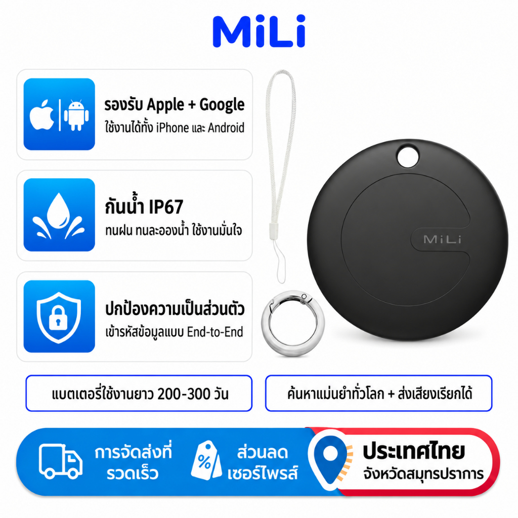 MiLi MiTag ตัวติดตาม GPS โลก ติดตามสัตว์เลี้ยง รองรับ iOS & Android ตัวค้นหาคีย์ ได้รับการรับรองจาก iOS & Google