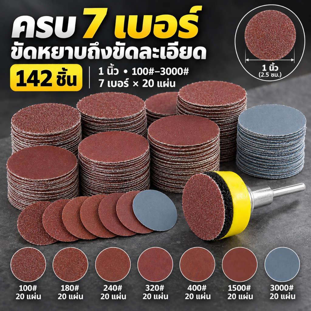 142 ชิ้น ชุดแผ่นขัด 1 นิ้ว แบบเปลี่ยนเร็ว เบอร์ 100/180/240/320/400/1500/3000 สำหรับเครื่องเจียรและงานขัด