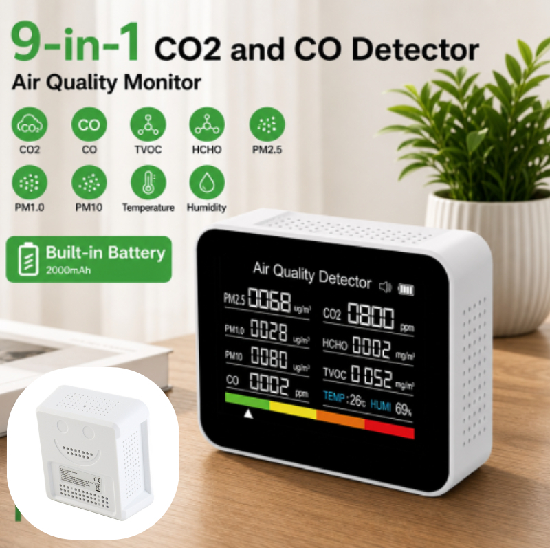 เครื่องตรวจวัดคุณภาพอากาศ 9-in-1 รุ่น 2CO9 – ตรวจวัดค่า CO2/CO/TVOC/HCHO/PM2.5/PM1.0/PM10/อุณหภูมิ/ความชื้น พร้อมระบบแจ้งเตือนภัย, หน้าจอ TFT ขนาด 2.8 นิ้ว, แบตเตอรี่ชาร์จไฟได้ 2000mAh, สีขาว