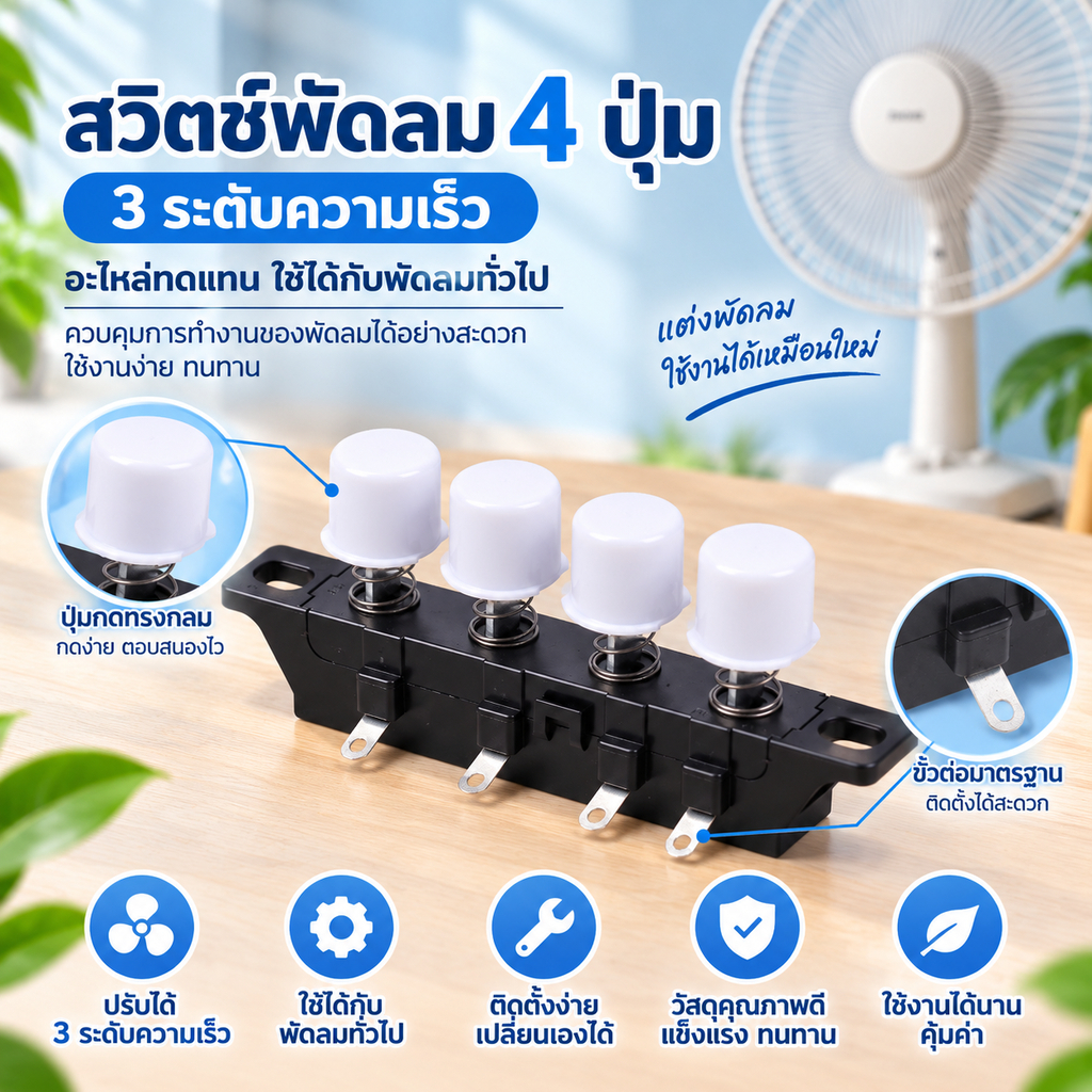 1/2/3 ชิ้น 4 คีย์ 3 สปีด ​​สวิตช์ลูกบิดกลมอุปกรณ์เสริมสวิตช์พัดลมไฟฟ้าสากลสําหรับพัดลมตั้งโต๊ะพัดลมชั้น