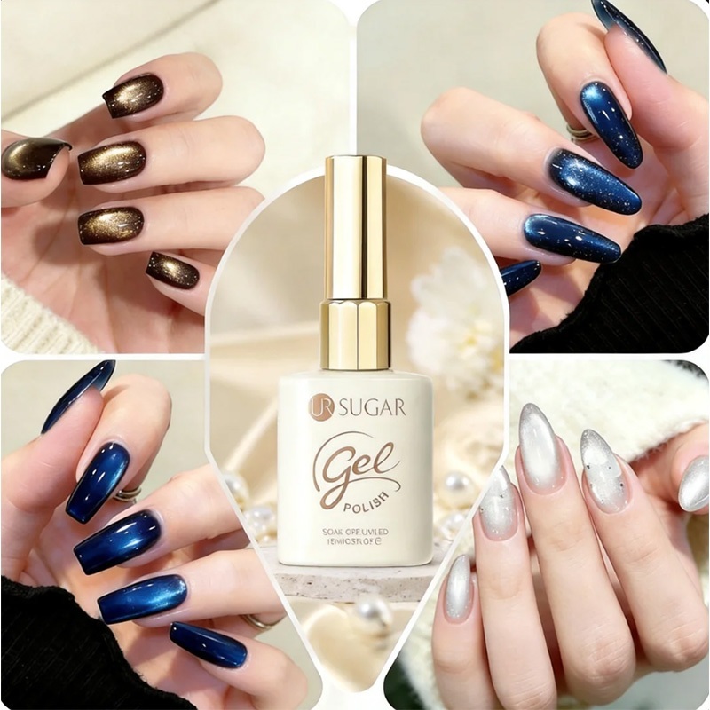 UR SUGAR Silver Black Cat Eyes Magnetic Gel ยาทาเล็บลูกปัดแก้วเจลแม่เหล็กฤดูใบไม้ร่วงฤดูหนาว French Tip เล็บเจล 15ml