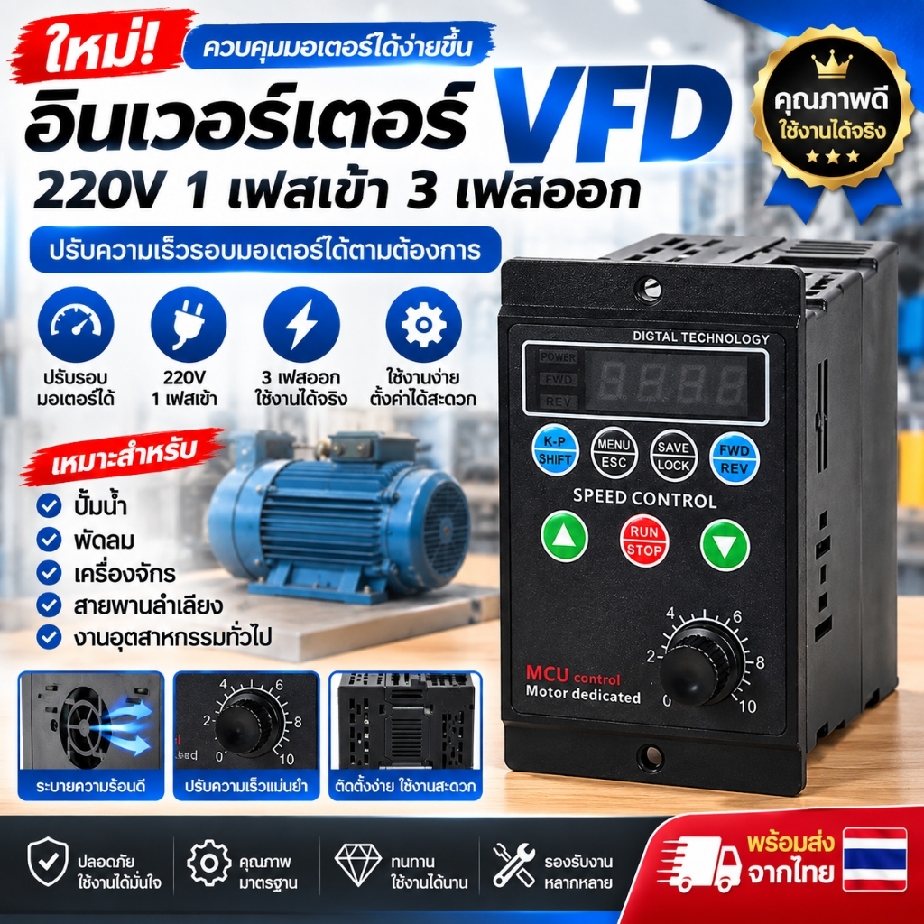 ใหม่ตัวแปลงความถี่ตัวแปร 220V 1 เฟสอินพุต 3Phase เอาต์พุตมอเตอร์ควบคุมความเร็ว