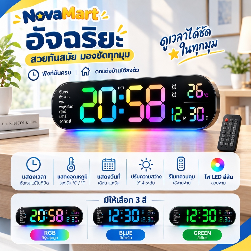 สมาร์ทนาฬิกาปลุกดิจิตอล RGB LED หน้าจอสีนาฬิกาอิเล็กทรอนิกส์เวลาอุณหภูมิจอแสดงผลรีโมทคอนโทรลโหมดกลางคืนนาฬิกาปลุกเตือน Deskt