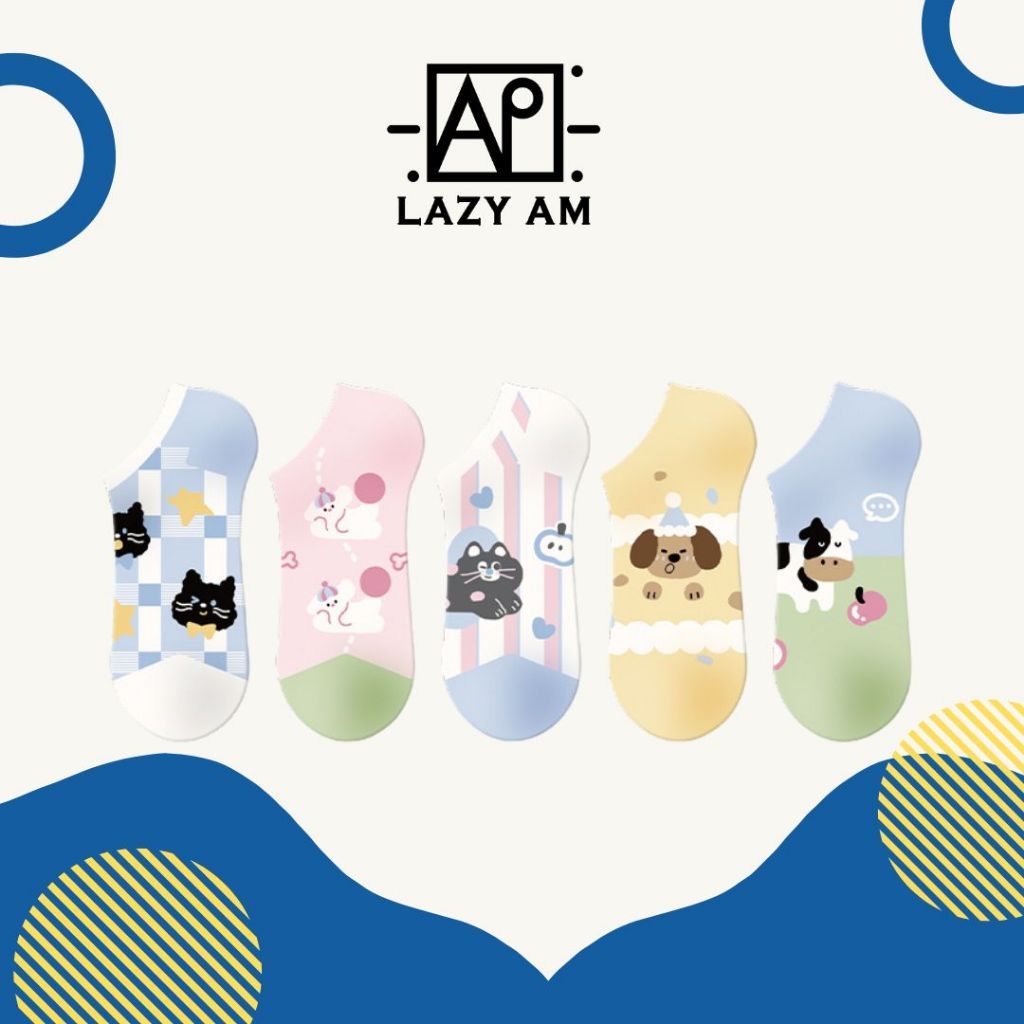 LAZYAM ถุงเท้าข้อสั้นลายการ์ตูนน่ารัก ผู้หญิง ผ้าฝ้าย ระบายอากาศ ลายแมวสุนัข