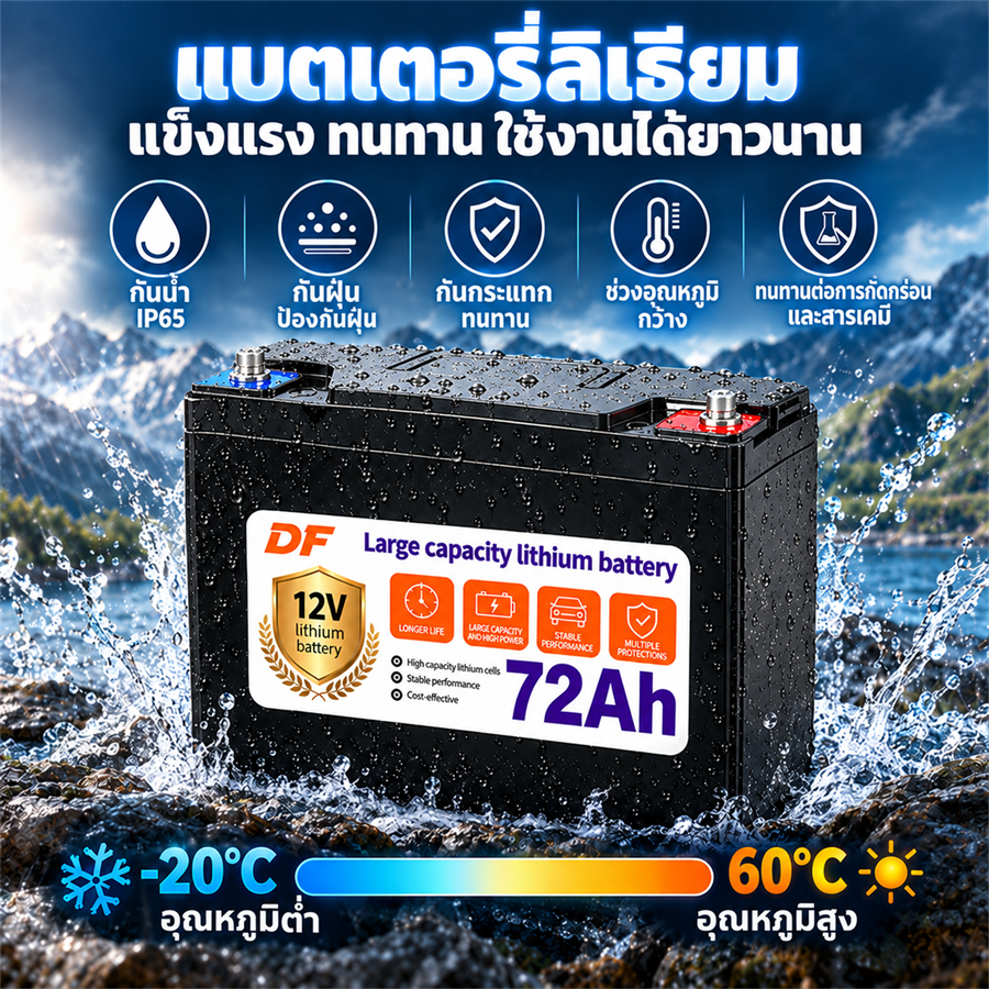 DF แบตเตอรี่ลิเธียม 12V 72Ah ความหนาแน่นพลังงานสูง อายุการใช้งานยาวนาน ปลอดภัยและเสถียร น้ำหนักเบา พกพาง่าย ใช้ได้กับโซล่าเซลล์ รถแคมป์ RV ไฟสำรองบ้าน ลำโพง พัดลม โทรศัพท์ อุปกรณ์อิเล็กทรอนิกส์ สินค้าของแท้ ส่งฟรี
