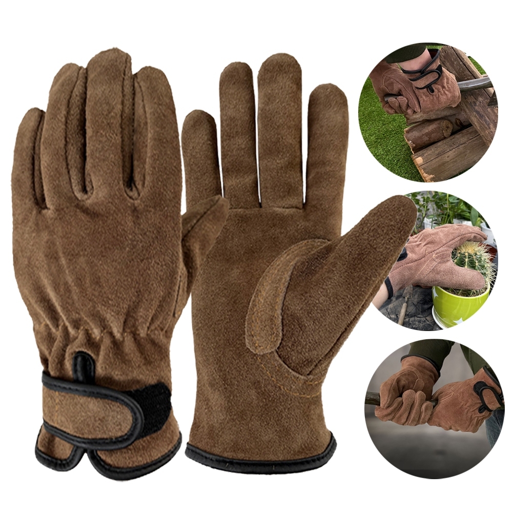 JULIEFASHION 1 คู่กลางแจ้ง Cowhide ถุงมือป้องกัน Camping เชื่อมสวนหยิบ Heavy Lifting ทนไฟ Anti-Slip สวมใส่แรงงานถุงมือป้องกัน I9S1
