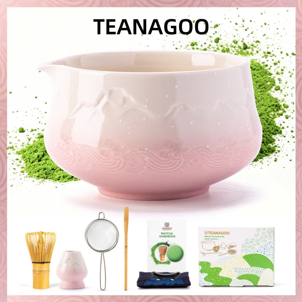 TEANAGOO 7 ชิ้น Matcha Whisk Set, ชุดมัทฉะสีชมพู, ชุดปัดมัทฉะและชามพร้อม Scoop&Sifter,Fuji Design ชามเซรามิค Mountain and Water Relief Design N61