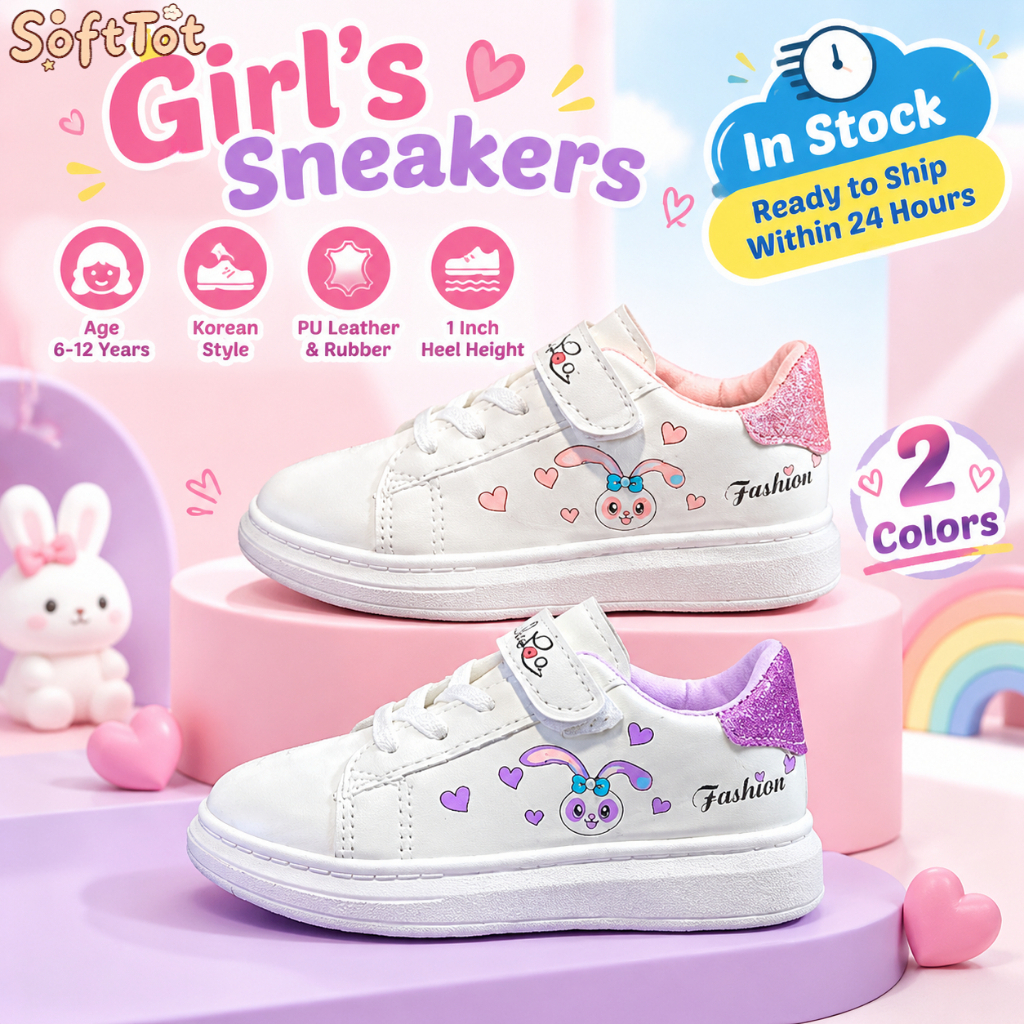 【พร้อมส่ง】รองเท้าเด็กผู้หญิง ดีไซน์กระต่าย กลิตเตอร์ เทปเวลโคร พื้นกันลื่น สวมใส่สบาย นักเรียนผู้หญิง Bangkok Delivery น่ารัก สไตล์เจ้าหญิง พื้นนุ่ม ไม่ถูกเท้า มี2สี อายุ 3-10 ปี