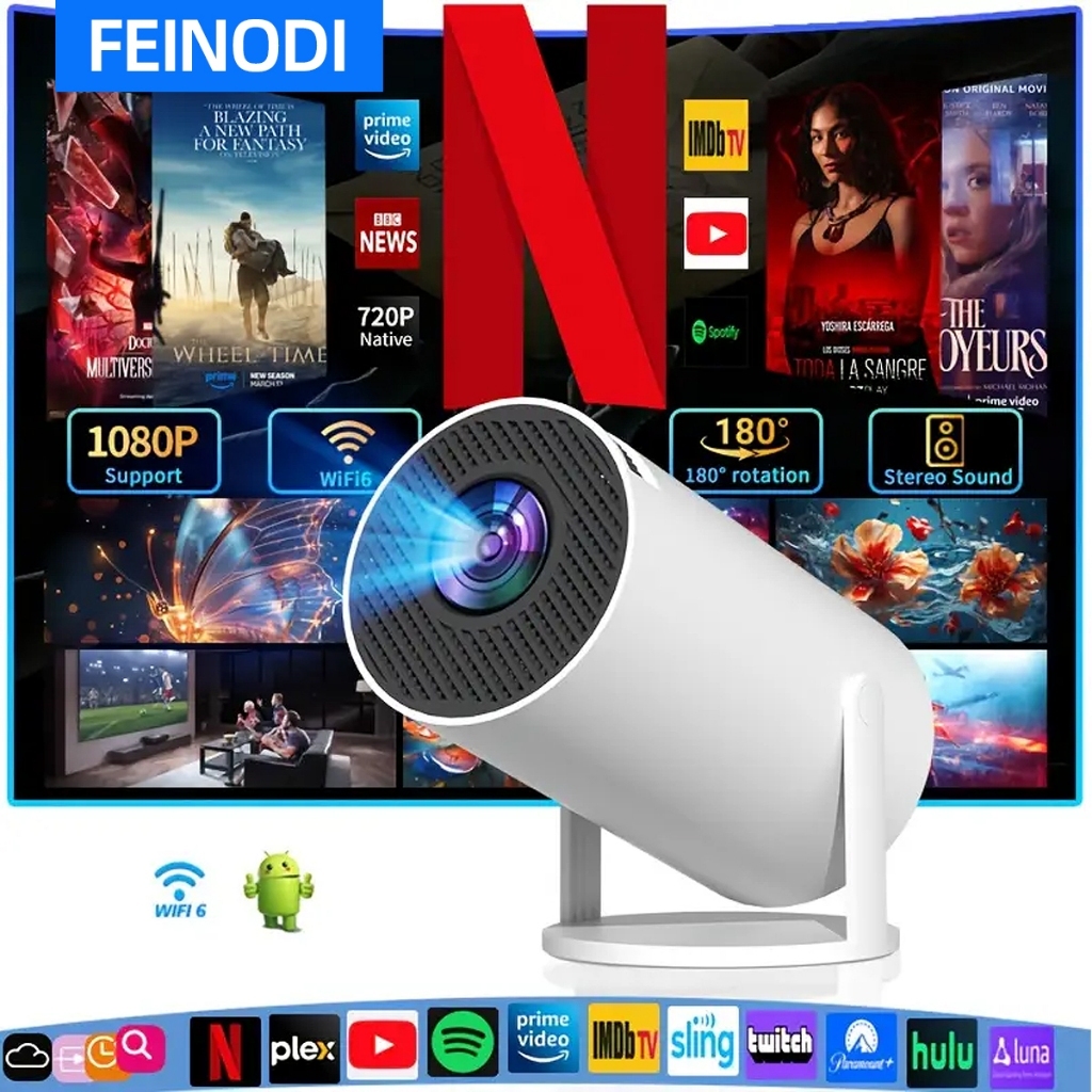 FEINODI โปรเจ็กเตอร์พกพาไร้สายขนาดเล็ก maxเวอร์ชัน 1080P/4K HD พร้อมระบบแก้ไขภาพอัตโนมัติสำหรับสมาร์ทโฟนที่มี Wi-Fi และ Bluetooth App Store ในตัวสำหรับโฮมเธียเตอร์