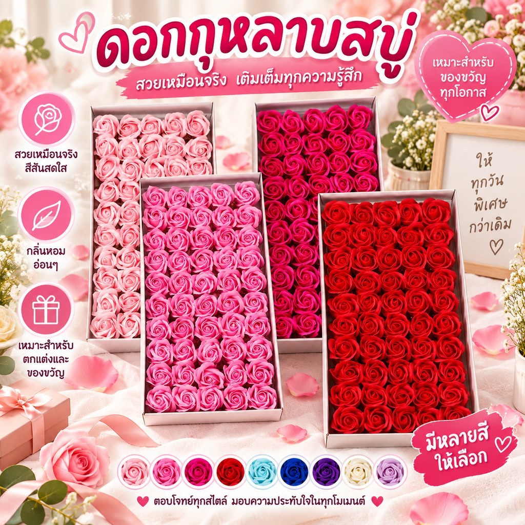 Onetimingsuper5p 50 ชิ้น/กล่องสบู่กุหลาบโรแมนติกงานแต่งงานวันวาเลนไทน์ DIY ของขวัญตกแต่งบ้าน PER
