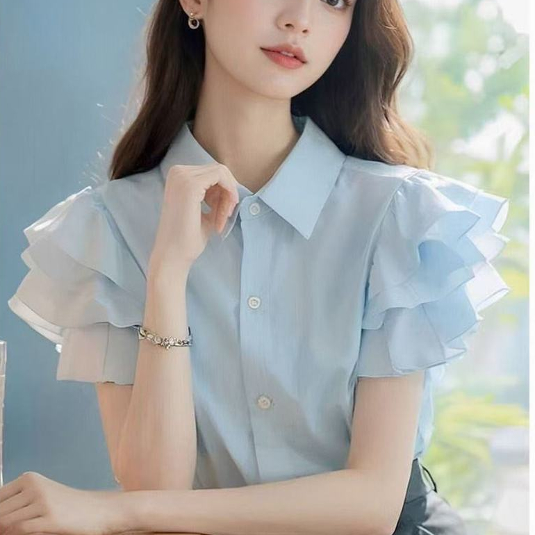 2026 ฝรั่งเศสสไตล์ใหม่การออกแบบปกลําลอง Classy Celebrity Top Chic Ruffled เสื้อแขนสั้นผู้หญิง