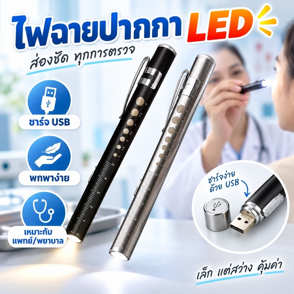 ไฟฉายปากกา LED มินิ ชาร์จ USB พร้อมคลิปสแตนเลส ไฟฉายพกพาสำหรับพยาบาล แพทย์ ตรวจสุขภาพ ใช้งานสะดวก COD