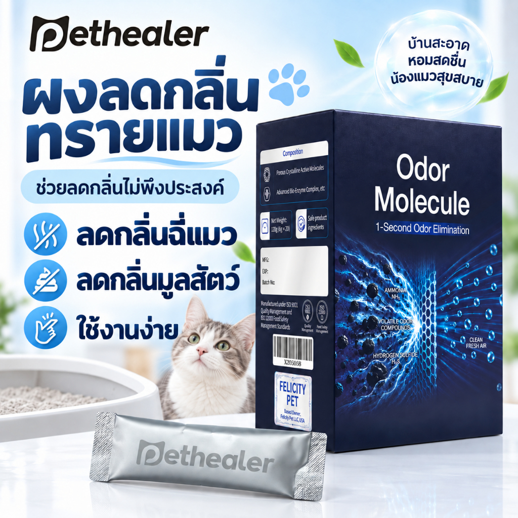 Pethealer กลิ่นแมว ผลิตภัณฑ์ดูแล ผลิตภัณฑ์ดูแลกลิ่น สารสกัดจากพืช ไม่เติมน้ำหอม ไม่เติมสี 5g×20 ซอง