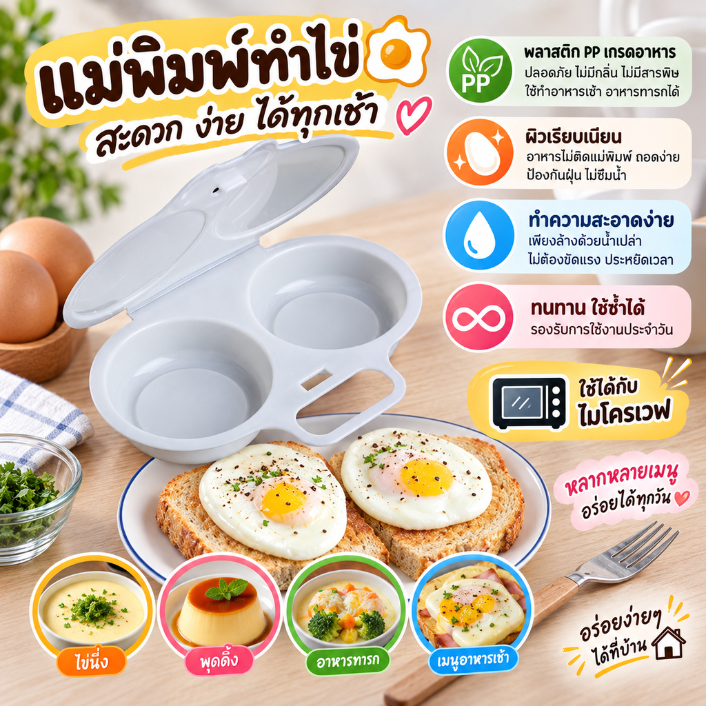 หม้อนึ่งไข่ทรงกลมพลาสติก หน้า เกรดอาหารพร้อมฝาปิดเหมาะสําหรับการใช้งานไมโครเวฟเหมาะสําหรับการทําพุดดิ้งและอาหารเช้าจานทําความสะอาดง่าย