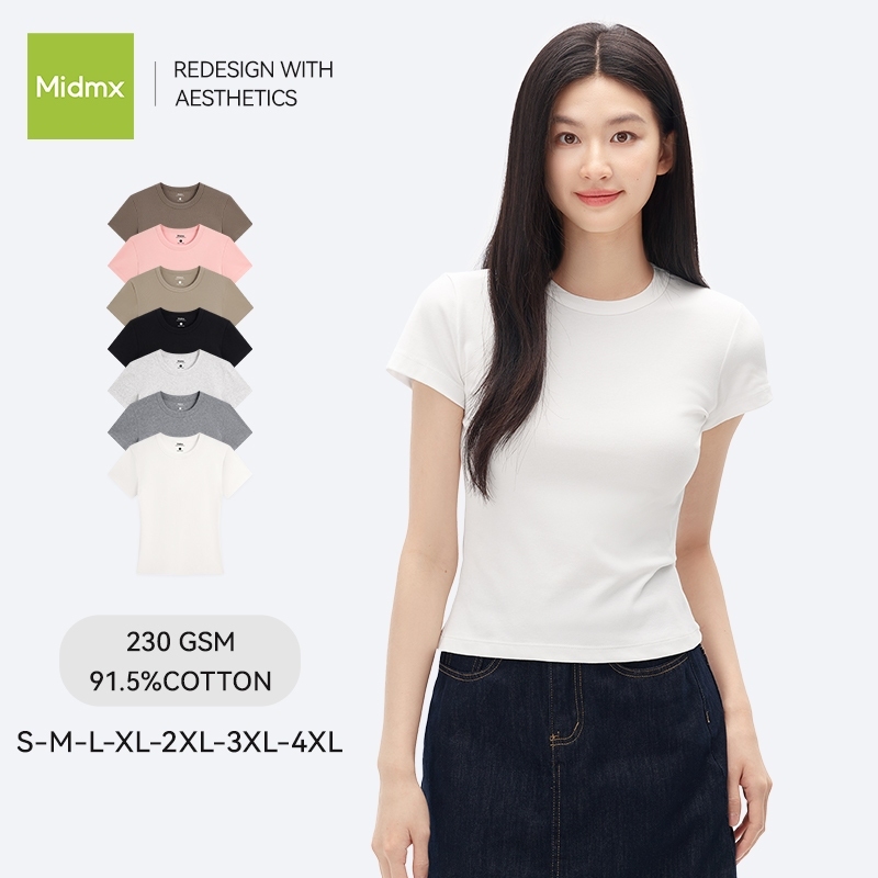 MIDMIDMX เสื้อยืดผู้หญิงคอกลม ผ้านุ่ม เสื้อยืดเข้ารูป เสื้อสไตล์เกาหลี ผ้านุ่มสบาย ระบายอากาศดี ไม่ต้องรีด สีพื้น ทรงผู้หญิง COD