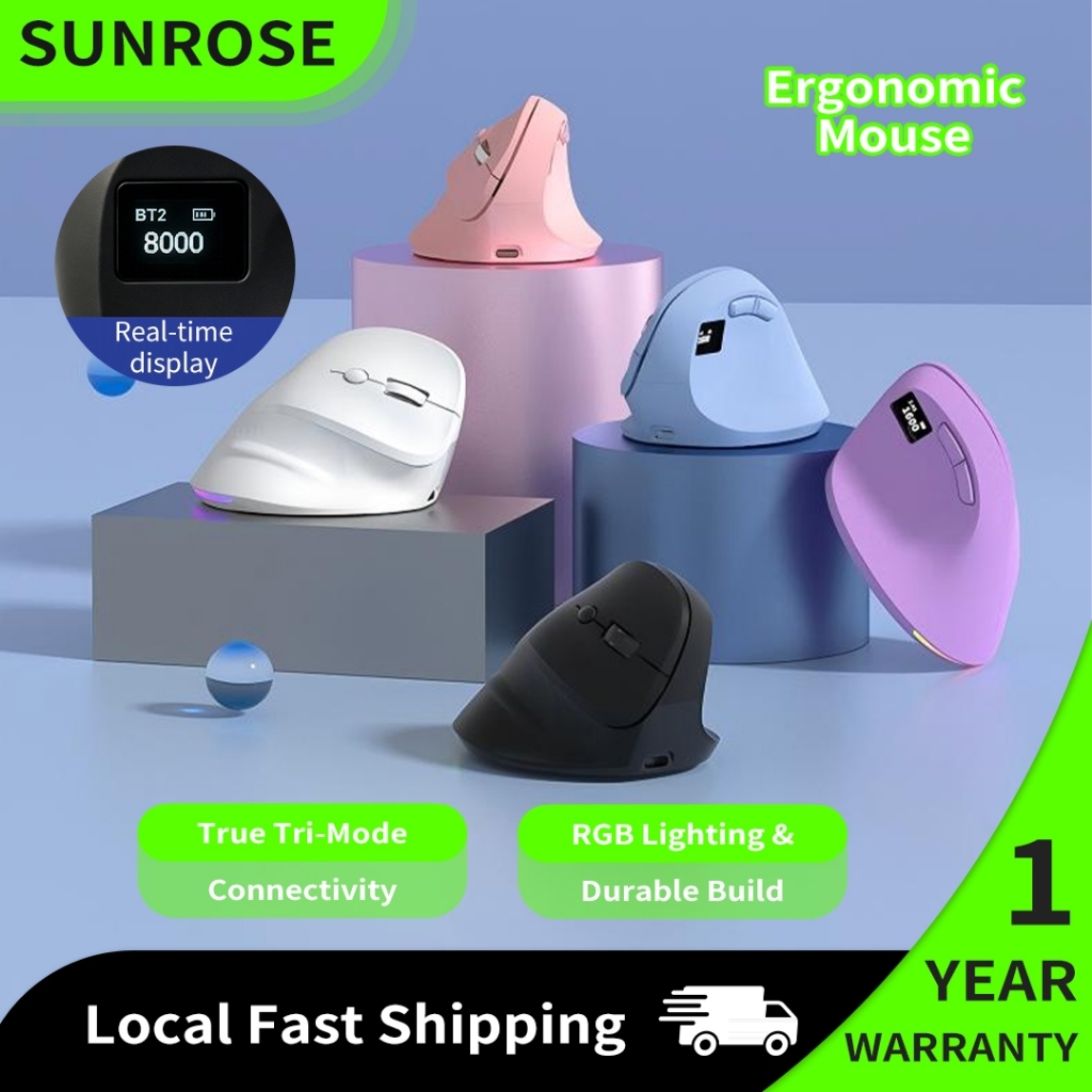 【+1 ฿ รับของแถม】SUNROSE Tri-Mode Ergonomic เมาส์แนวตั้งแบบมีสาย + 2.4G + บลูทูธ, เช่น เมาส์ตามหลักสรีรศาสตร เม้าส์ไร้สาย เงียบคลิก, จอแสดงผล RGB Backlight, สําหรับบรรเทาอาการปวดข้อมือ เช่น เมาส์ไร้สาย