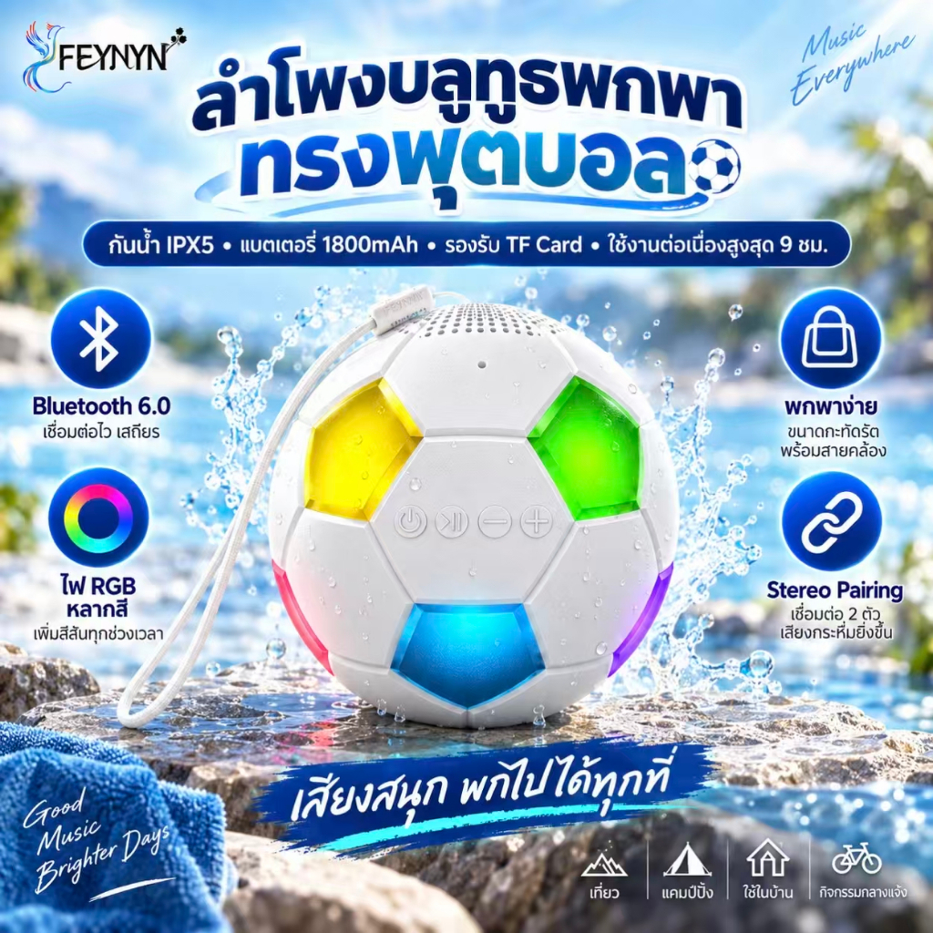 FEYNYN ลำโพงบลูทูธ รูปทรงลูกฟุตบอล ลำโพงพกพาไร้สาย กันน้ำ IPX5 แบต 1800mAh กลางแจ้ง เบสหนัก