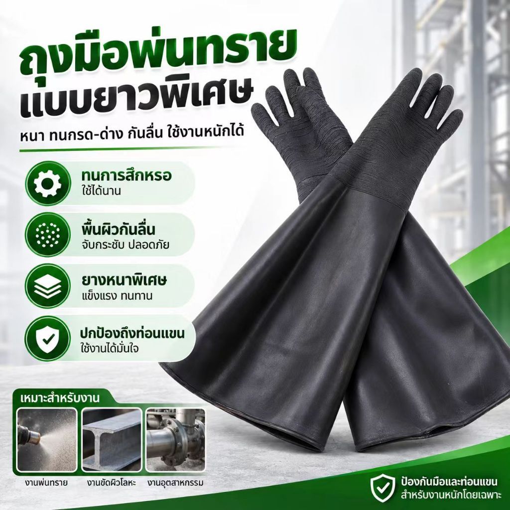 ถุงมือยาง สีดํา ลายทาง สําหรับตู้พ่นทราย 65x30 ซม.
