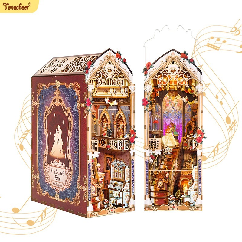 Tonecheer DIY Book Nook ตัวต่อไม้ 3D Miniature House Kit ไฟ LED ฝาครอบอะคริลิกกันฝุ่น ของขวัญวันเกิด ตกแต่งบ้าน ของขวัญสำหรับผู้ใหญ่ [Enchanted Rose TQ137]
