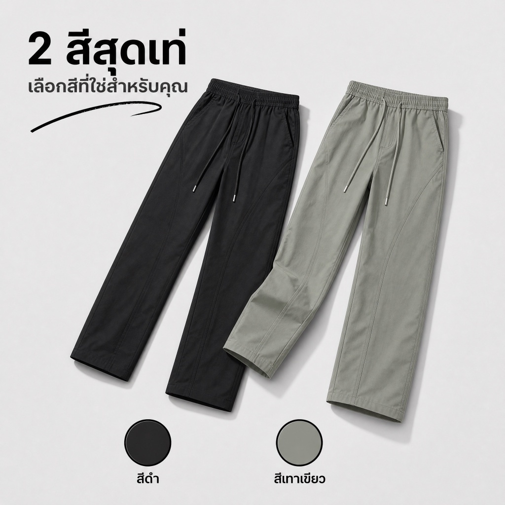 【จัดส่งเร็ว🇹🇭】กางเกงขายาวผู้ชายทรงกระบอก M-5XL ผ้ากันน้ำ เอวยางยืด สไตล์เกาหลี สีดำ/สีเทาเขียว เหมาะกลางแจ้งและประจำวัน
