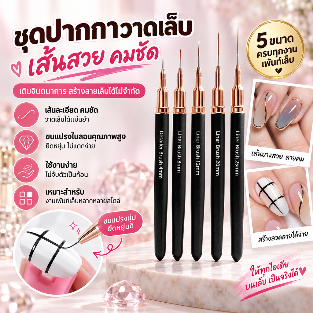ฝัน 5ชิ้นเล็บซับแปรงขนาดภาพวาดเล็บออกแบบปากกา4/8/12/20/25มิลลิเมตรเครื่องมือวาดสําหรับเส้นยาวรายละเอียดบางเล็บปากกา