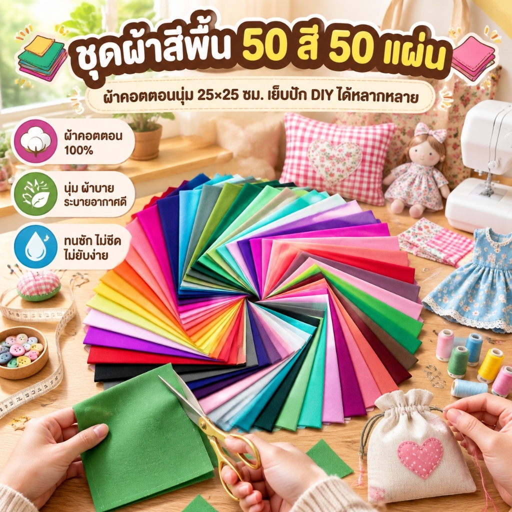 50 ชิ้นผ้าฝ้าย 25x25 ซม.DIY Craft Precut Quilting ผ้า 50 สีผ้าฝ้ายนุ่ม Quilting ผ้า ผ้าปะติดปะต่อ Patchwork ผ้าฝ้าย100% สี่เหลี่ยม 50สีไม่ซ้ำ ขนาด25×25ซม สำหรับงานDIY เย็บปักถักร้อย