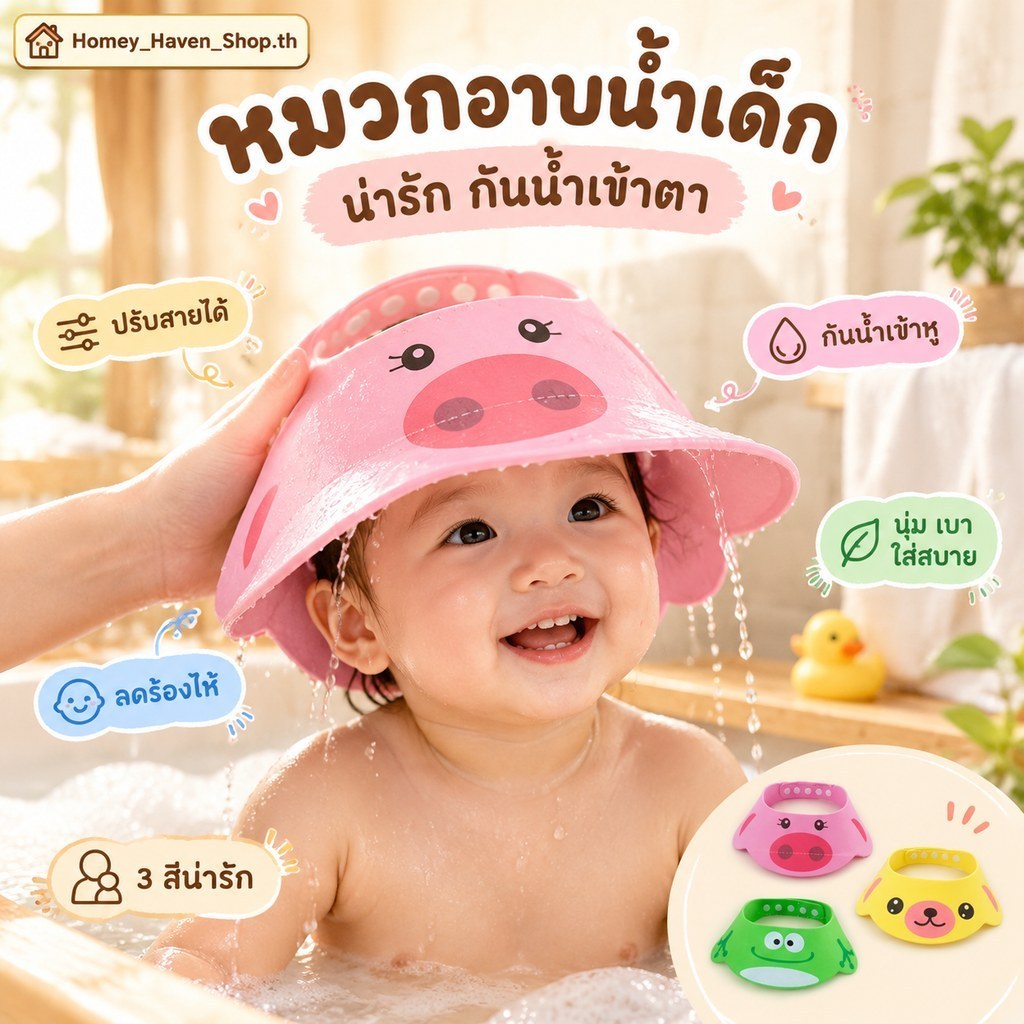 หมวก กระบังหน้าอาบน้ําเด็ก,หมวกอาบน้ําเด็กแบบปรับได้ปกป้องแชมพูสระผมโล่