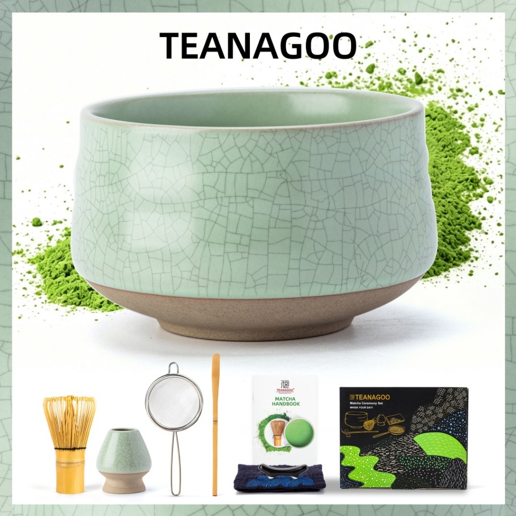Teanagoo Matcha Set Whisk ชุดชงชามัทฉะ ชุดชงชาญี่ปุ่น ชามมัทฉะ ตะกร้อไม้ไผ่มัทฉะ ที่ตัก ที่ร่อน ที่ใส่ตะกร้อมัทฉะ ขาตั้งตะกร้อมัทฉะ ชุด N1 เส้นสีดํา