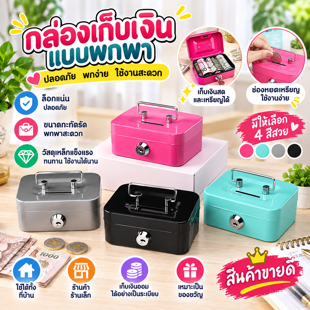 SUPERAF Hardware กล่องเก็บเงินสดแบบพกพา กระปุกออมสินกุญแจขนาดเล็ก แบบพกพา ทนทาน HOT