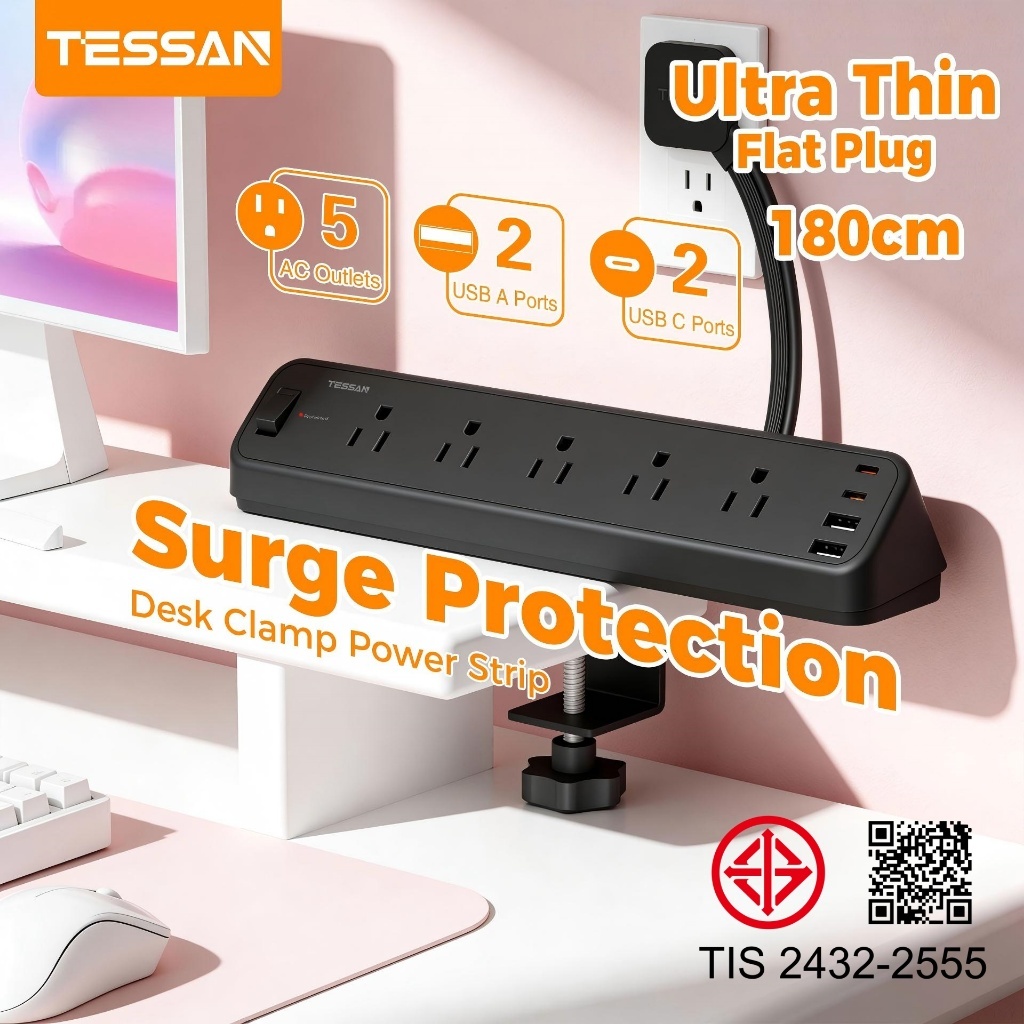 TESSAN รางปลั๊กไฟแบบหนีบโต๊ะ, 5 สายไฟต่อ AC Outlet พร้อมป้องกันไฟกระชาก, PD 20W USB-C