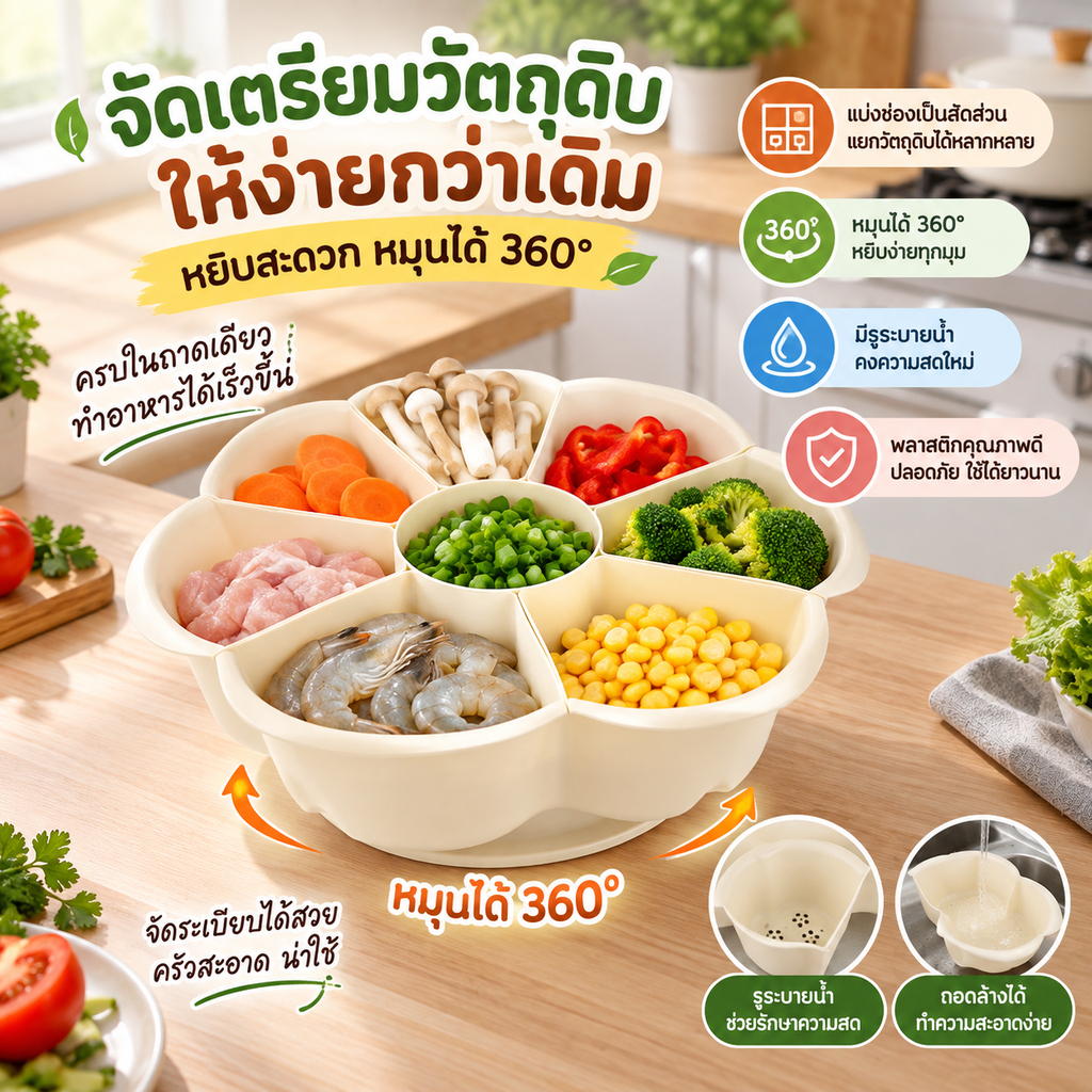 [H&K]ถาดเตรียมอาหารหมุน 360 องศา แยกช่องมีรูระบายน้ำ ถาดใส่ผักหม้อไฟ ถาดจัดเก็บของในครัว อเนกประสงค์{ไทย}
