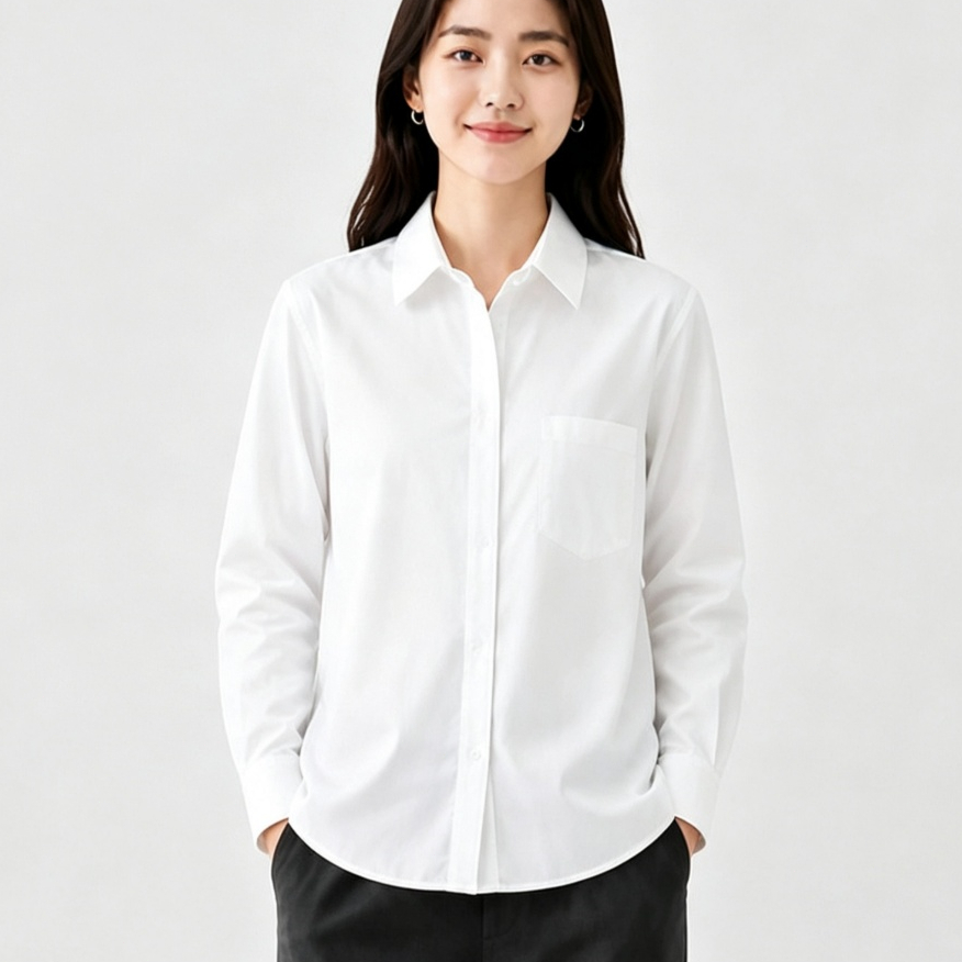 เสื้อเชิ้ตแขนยาวสีขาวทรงหลวมสําหรับผู้หญิงมีกระเป๋า