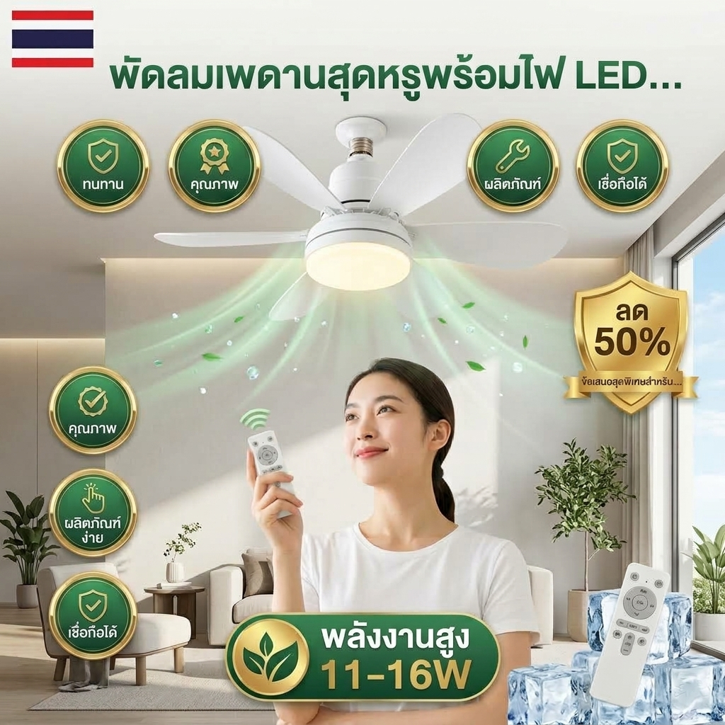 พัดลมเพดานแบบสองในหนึ่งเดียวพร้อมไฟ จ27 พร้อมรีโมทคอนโทรลฟังก์ชั่นเวลาการดําเนินงานเงียบโหมดการนอนหลับ