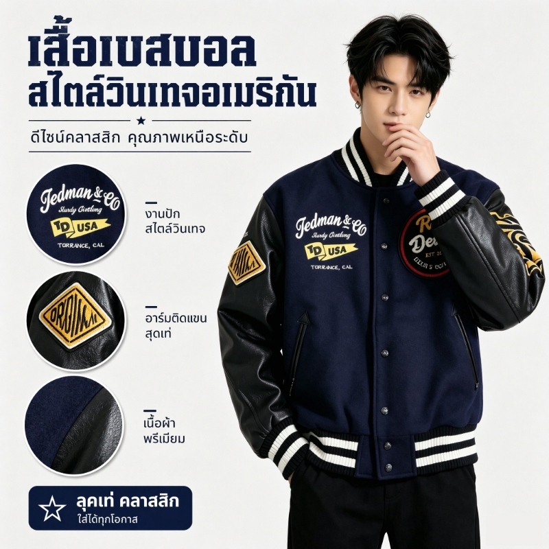 【ZENIX 】เสื้อแจ็คเก็ตเบสบอล แบบกระดุม เนื้อผ้าหนานิ่ม การพิมพ์ ผู้ชายอินเทรนด์ สไตล์วินเทจเกาหลี-อเมริกัน ทรงหลวม ชุดเบสบอล