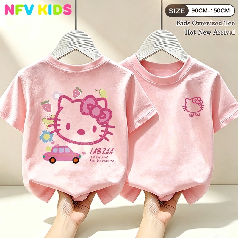 NFV KIDS รุ่นใหม่มาแรง💖เสื้อยืดแขนสั้นเด็ก ลายพิมพ์แมวน่ารัก ระบายอากาศ oversize เหมาะกับหน้าร้อน ผ้าฝ้ายแท YG880