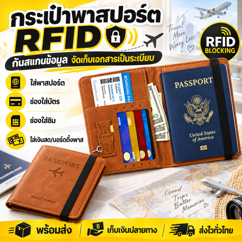 กระเป๋าพาสปอร์ต RFID กันสแกน หนัง PU สไตล์วินเทจ ใส่บัตรเครดิต บัตรประชาชน กระเป๋าเดินทางสำหรับผู้หญิงผู้ชาย