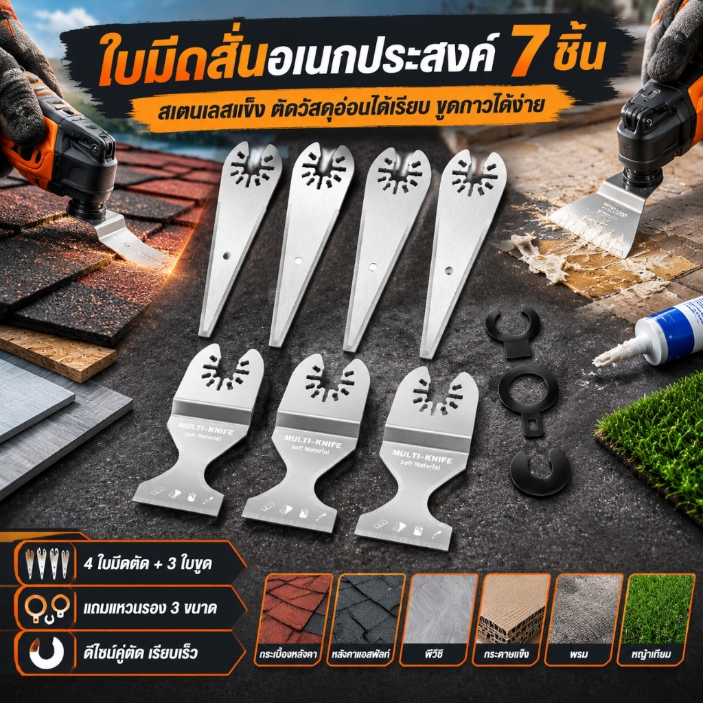 7 ชิ ้ นใบเลื ่ อยสั ่ นสแตนเลสสั ่ น Multitool ใบมีดสั ่ นหลายเครื ่ องมือ ใบมีดเครื่องสั่นอเนกประสงค์ ชุด7ใบ สแตนเลส ใบขูดกาว พร้อมแหวนรอง 3 ชิ้น สำหรับเครื่องมือสั่นอเนกประสงค์ ไม่รองรับระบบ Starlock