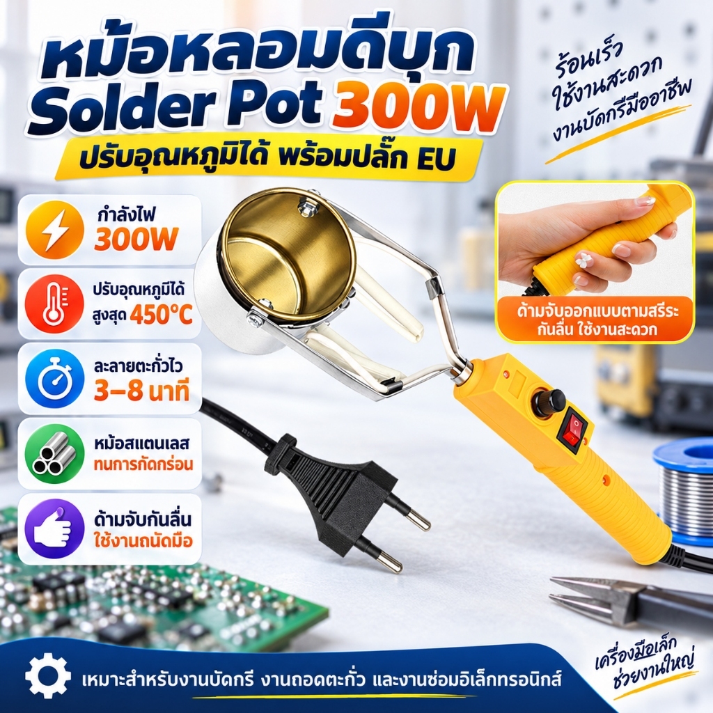 หม้อหลอมดีบุก Solder Pot 300W ปรับอุณหภูมิได้ เครื่องหลอมตะกั่วบัดกรี สำหรับงานบัดกรีและถอดตะกั่ว พร้อมปลั๊ก EU