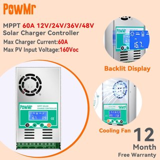 【พัดลมระบายความร้อนอัตโนมัติ】PowMr MPPT 60A ตัวควบคุมการเก็บประจุพลังงานแสงอาทิตย์ 12V 24V 36V 48V Max PV 160 VDC รองรับแบตเตอรี่ Lead Acid Lifepo4 รับประกันฟรีหนึ่งปี