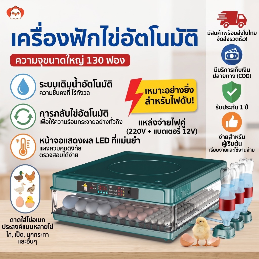 ตู้ฟักไข่อัตโนมัติ เครื่องฟักไข่อัตโนมัติ 15-130 ฟอง กลับไข่