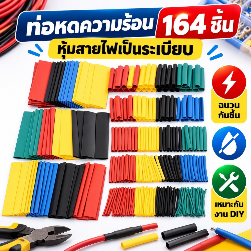 ชุดท่อหดความร้อน 164ชิ้น Heat Shrink Tubing สำหรับหุ้มสายไฟ ฉนวนสายไฟ ซ่อมสายไฟ กันความชื้น งานไฟฟ้า DIY COD