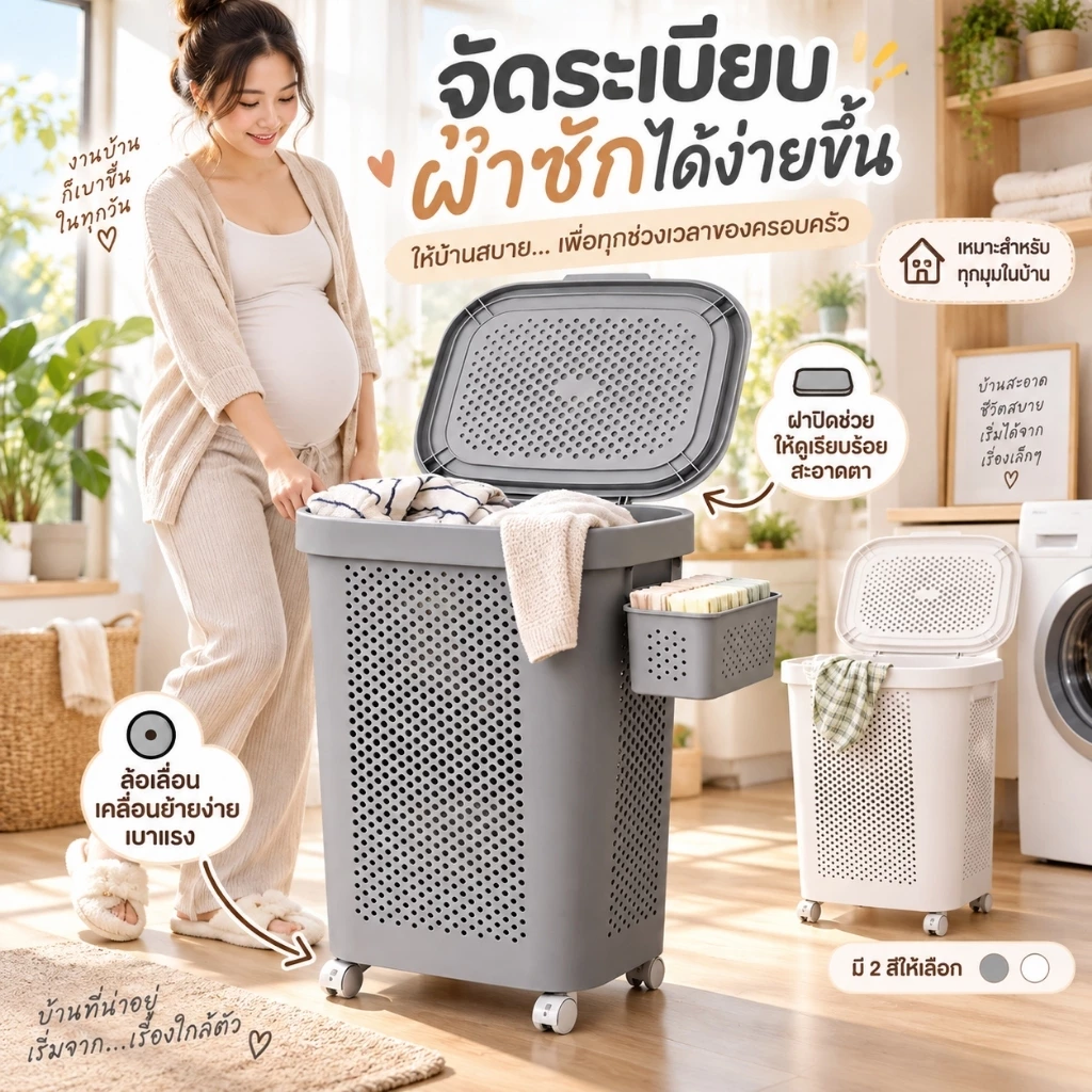 ตะกร้าผ้ามีล้อ 45L/60L พร้อมฝาปิดและด้ามลาก ตะกร้าซักผ้ามินิมอล พับเก็บได้ ล้อหมุน360° จุผ้าเยอะ มีตะกร้าแยกชุดชั้นใน