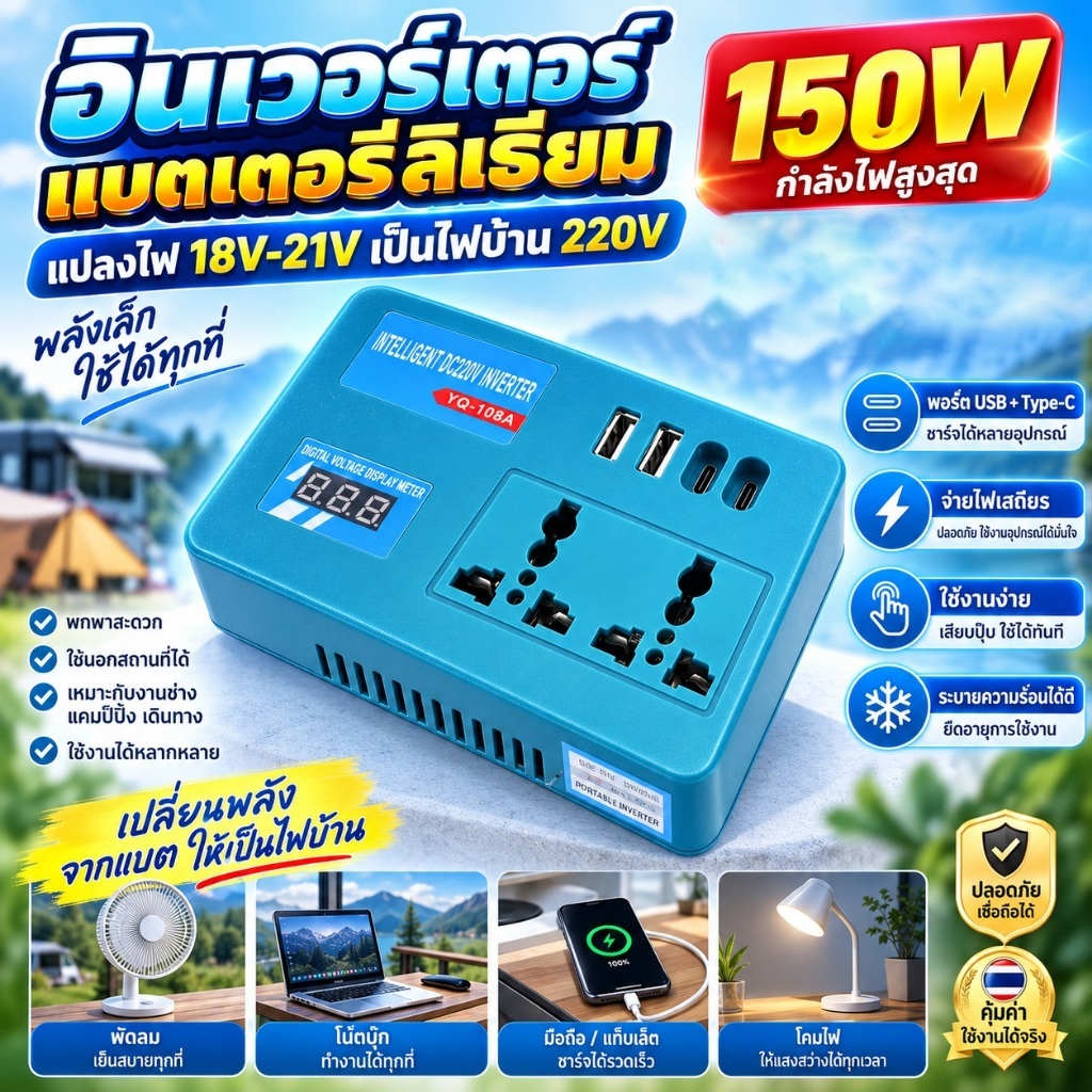 อินเวอร์เตอร์แปลงไฟ 18V-21V แบบพกพา มีช่อง USB Type-C 2 ช่อง ปลั๊กไฟ 2 ช่อง จอดิจิทัล สำหรับแบตเตอรี่ลิเธียม