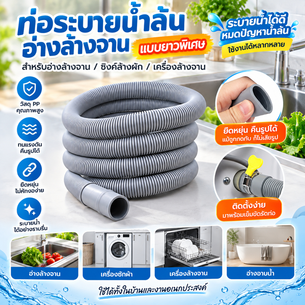 [maygood] ท่อระบายน้ําเครื่องซักผ้าติดตั้งง่ายอ่างล้างจานตัดได้ท่อระบายน้ําพร้อมที่หนีบฟรี 1M/1.5M/2M สําหรับซักผ้าในครัว