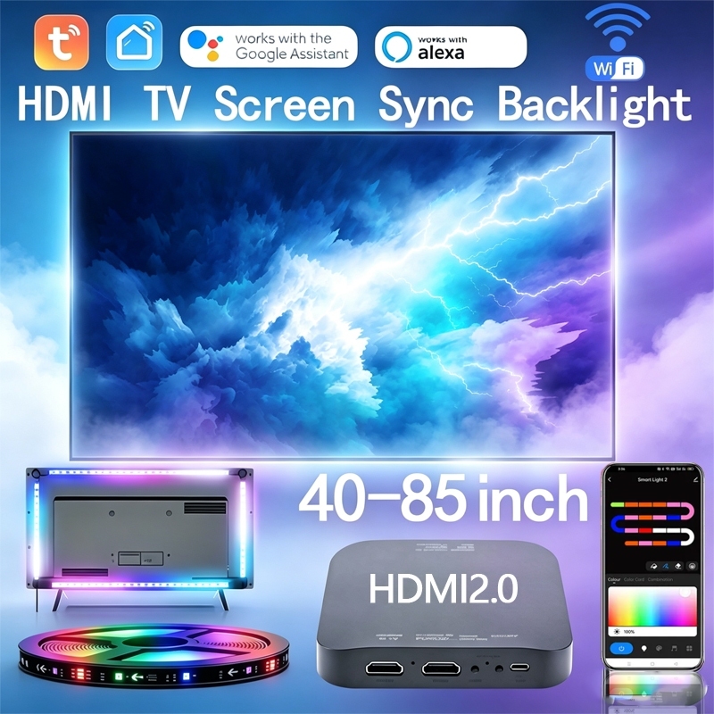 TUYA ไฟหลังทีวี WiFi ไฟแบ็คไลท์ทีวี LED อัจฉริยะ Smart Life HDMI 2.0 ซิงค์สี RGBIP สำหรับทีวี 40-85 นิ้ว ตกแต่งห้องเกม