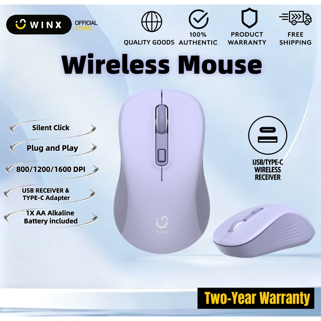 รับประกัน 2 ปีWINX 2.4G เมาส์ไร้สายสํานักงานเงียบพร้อมตัวรับสัญญาณ USB และแบตเตอรี่อะแดปเตอร์ Type C รวมการปรับ DPI 3 ระดับ Ultra-Low Latency Fast Response