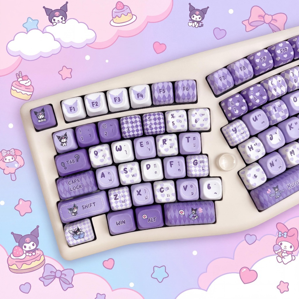Kuromi Keycaps ไทย MOA โปรไฟล์น่ารักการ์ตูนสีม่วง DIY PBT Custom Keycap 125 คีย์ Dye-Sub ไม่ซีดจางที่กําหนดเองสําหรับ MX Switch คีย์บอร์ด 60/75/80/98/108